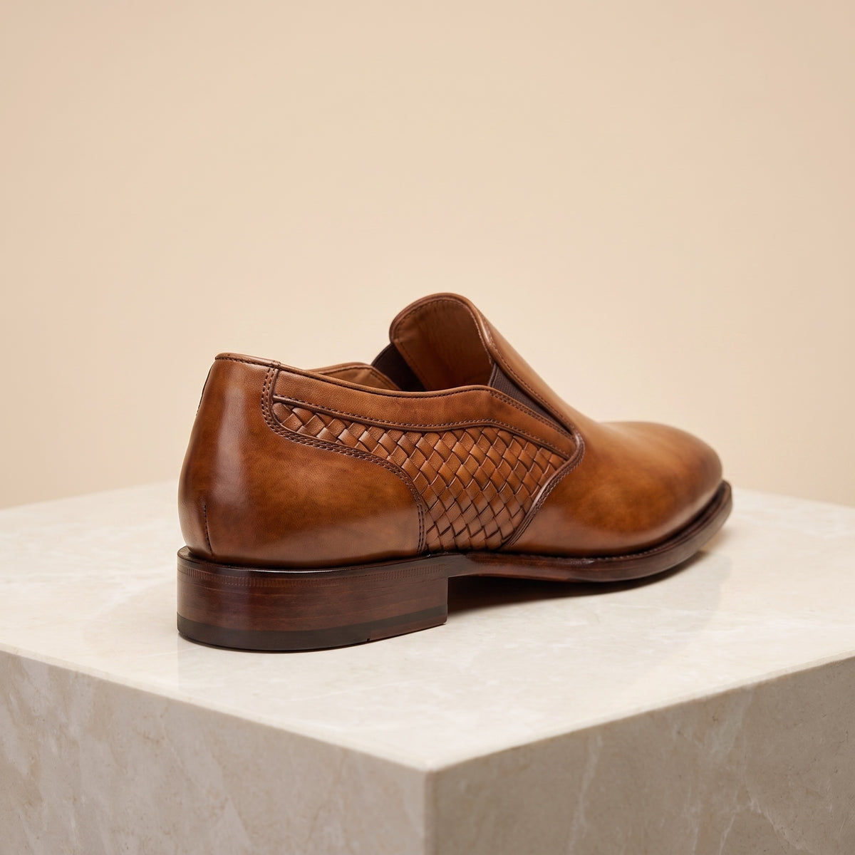 Tan Patina Leather Taormina Woven-Panel Slip-On – back view