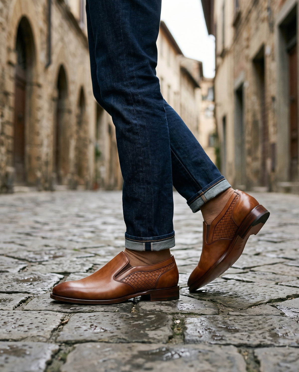 Height Increasing Tan Patina Leather Taormina Woven-Panel Slip-On - 3 Inch Hidden Heel – lifestyle