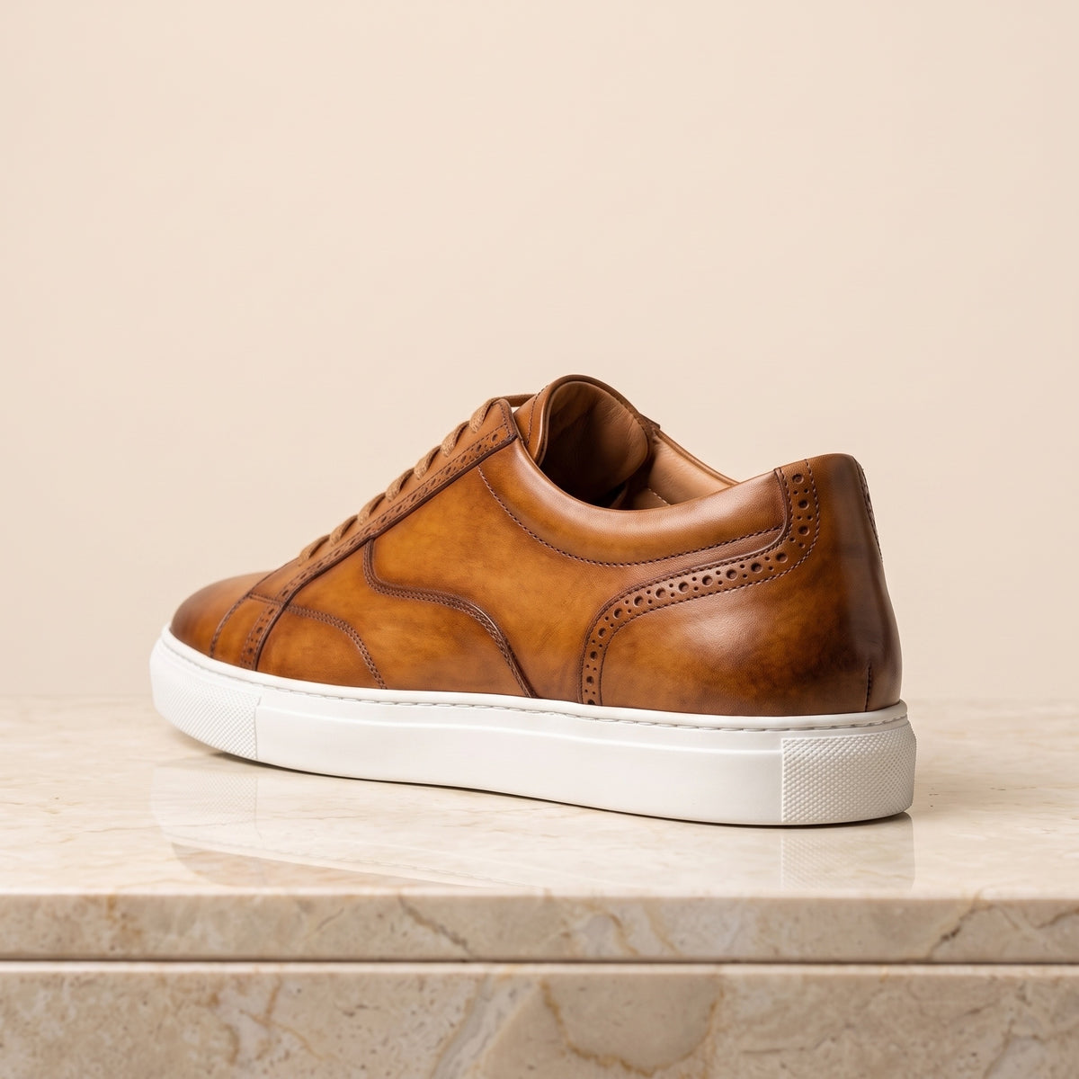 Tan Patina Leather Livorno Lace-Up Sneaker with White Cup Sole – back view