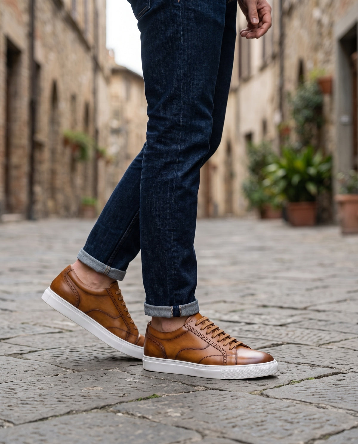 Tan Patina Leather Livorno Lace-Up Sneaker with White Cup Sole – lifestyle