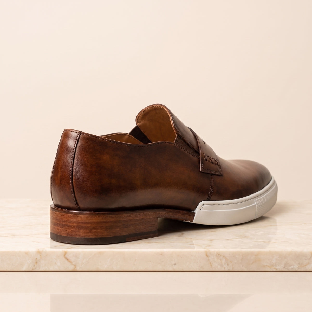 Brown Patina Leather Lerici Slip-On Sneaker with White Cup Sole – back view