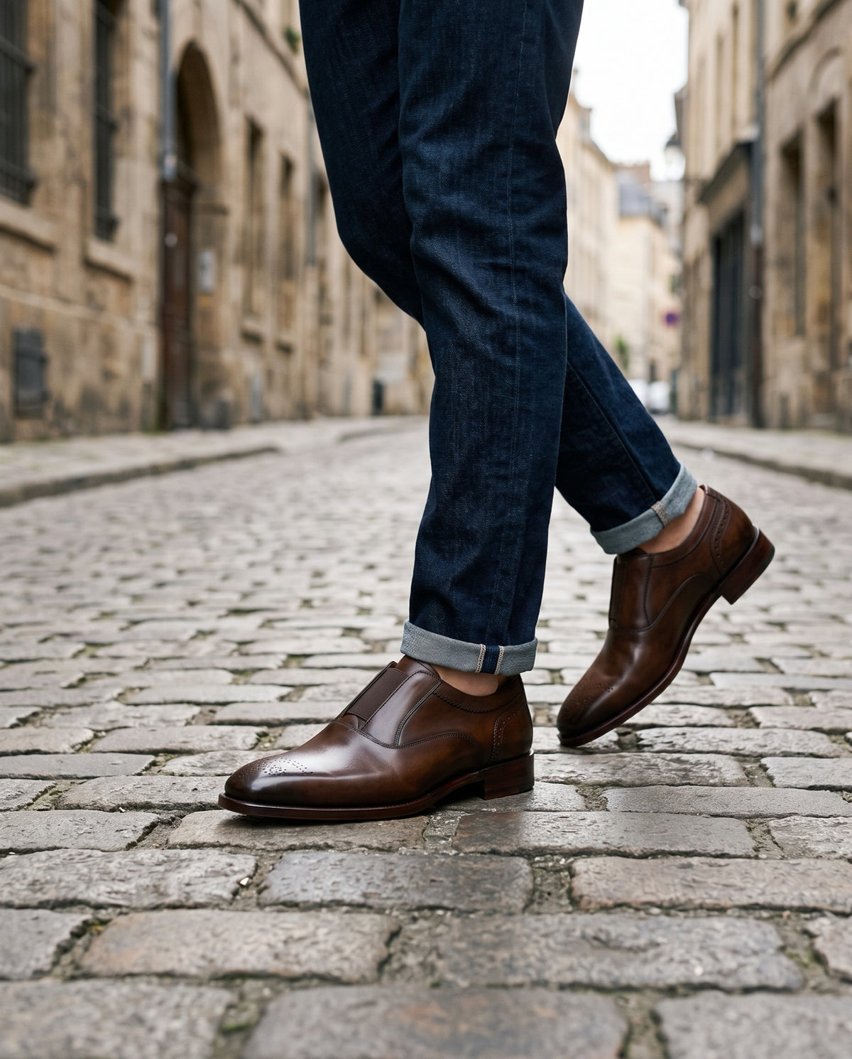 Brown Patina Leather Chiavari Brogue Cap-Toe Slip-On – lifestyle