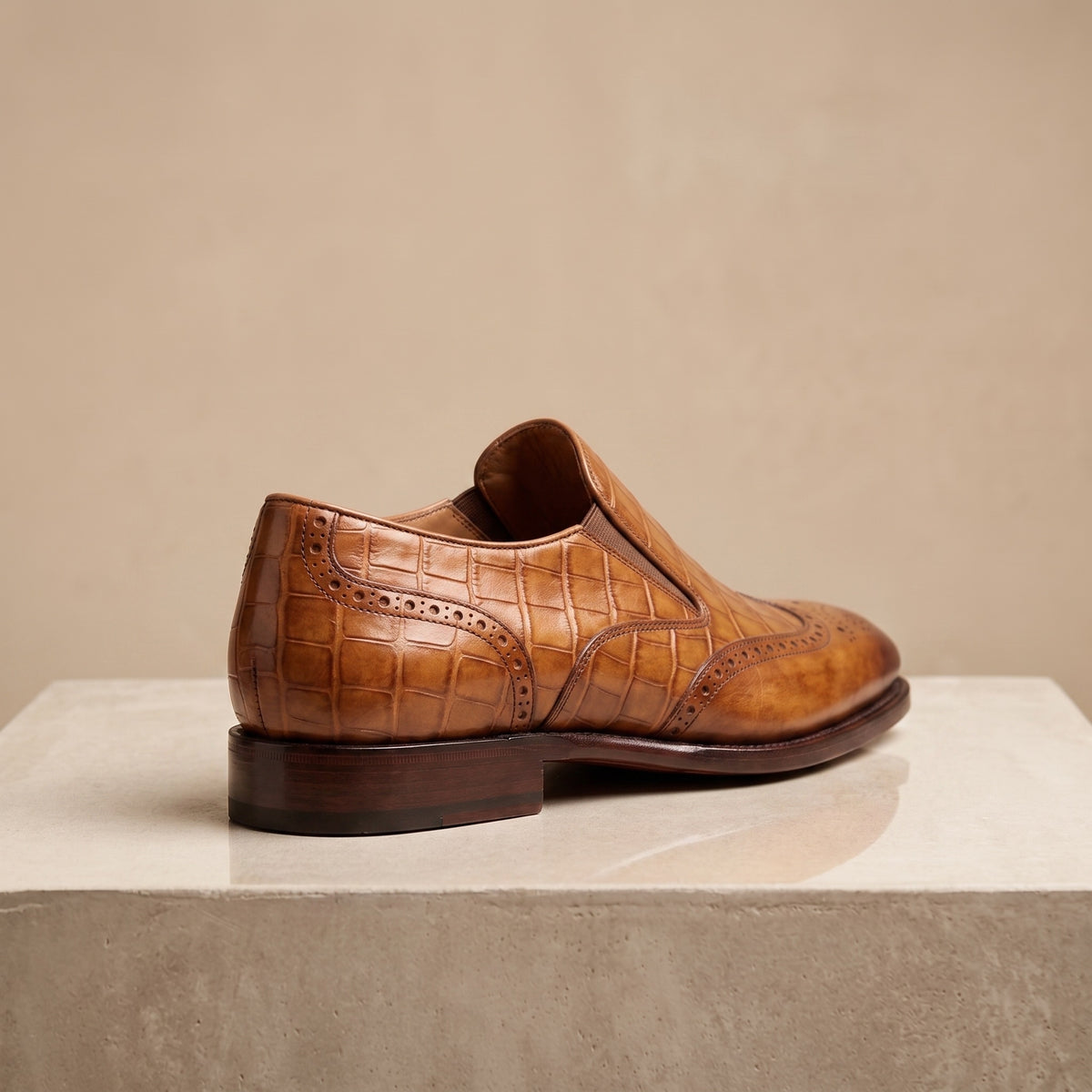 Tan Crocodile-Print Leather Stresa Wingtip Slip-On – back view