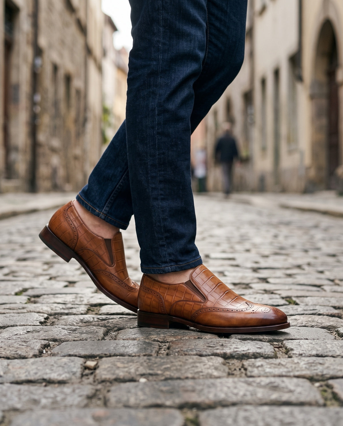 Height Increasing Tan Crocodile-Print Leather Stresa Wingtip Slip-On - 3 Inch Hidden Heel – lifestyle