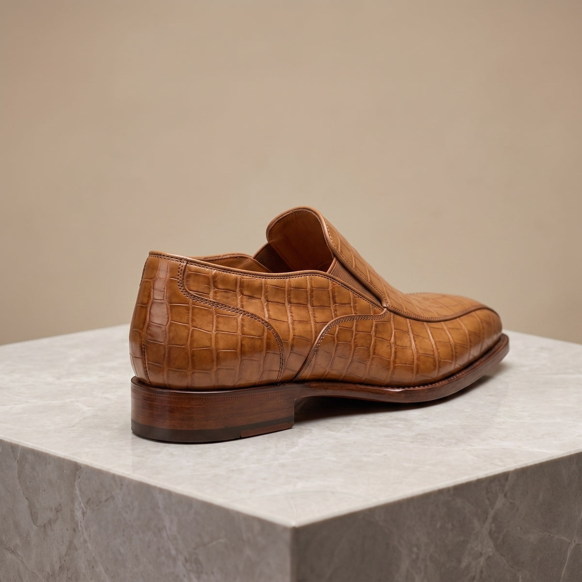 Height Increasing Tan Crocodile-Print Leather Bordighera Slip-On Loafer - 3 Inch Hidden Heel – back view