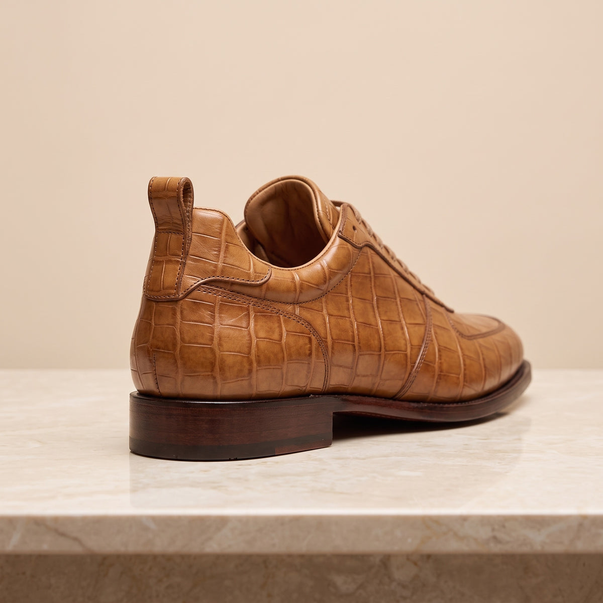 Tan Crocodile-Print Leather Cervo Lace-Up Derby – back view