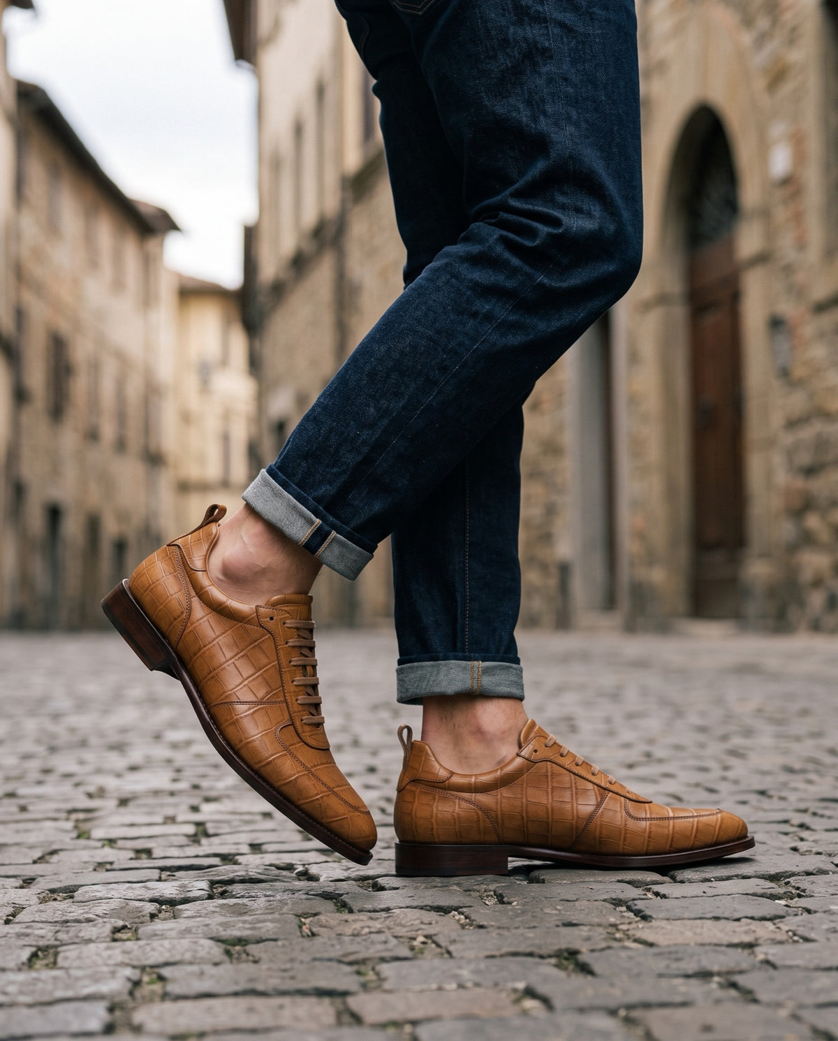 Height Increasing Tan Crocodile-Print Leather Cervo Lace-Up Derby - 3 Inch Hidden Heel – lifestyle