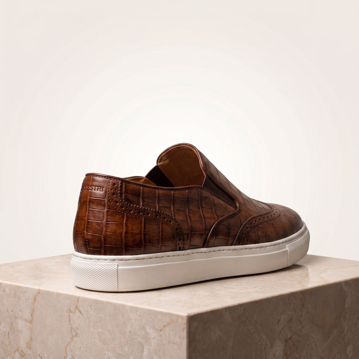 Brown Crocodile-Print Leather Sestri Slip-On Sneaker with White Cup Sole – back view