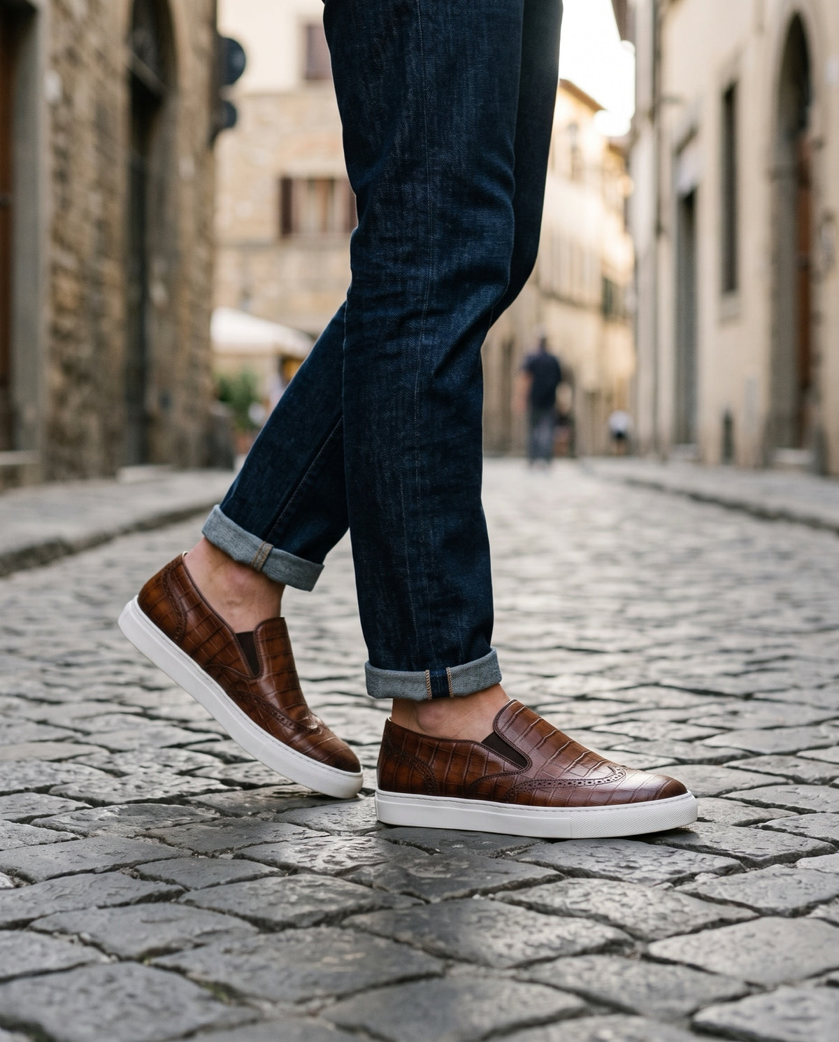 Height Increasing Brown Crocodile-Print Leather Sestri Slip-On Sneaker with White Cup Sole - 3 Inch Hidden Heel – lifestyle