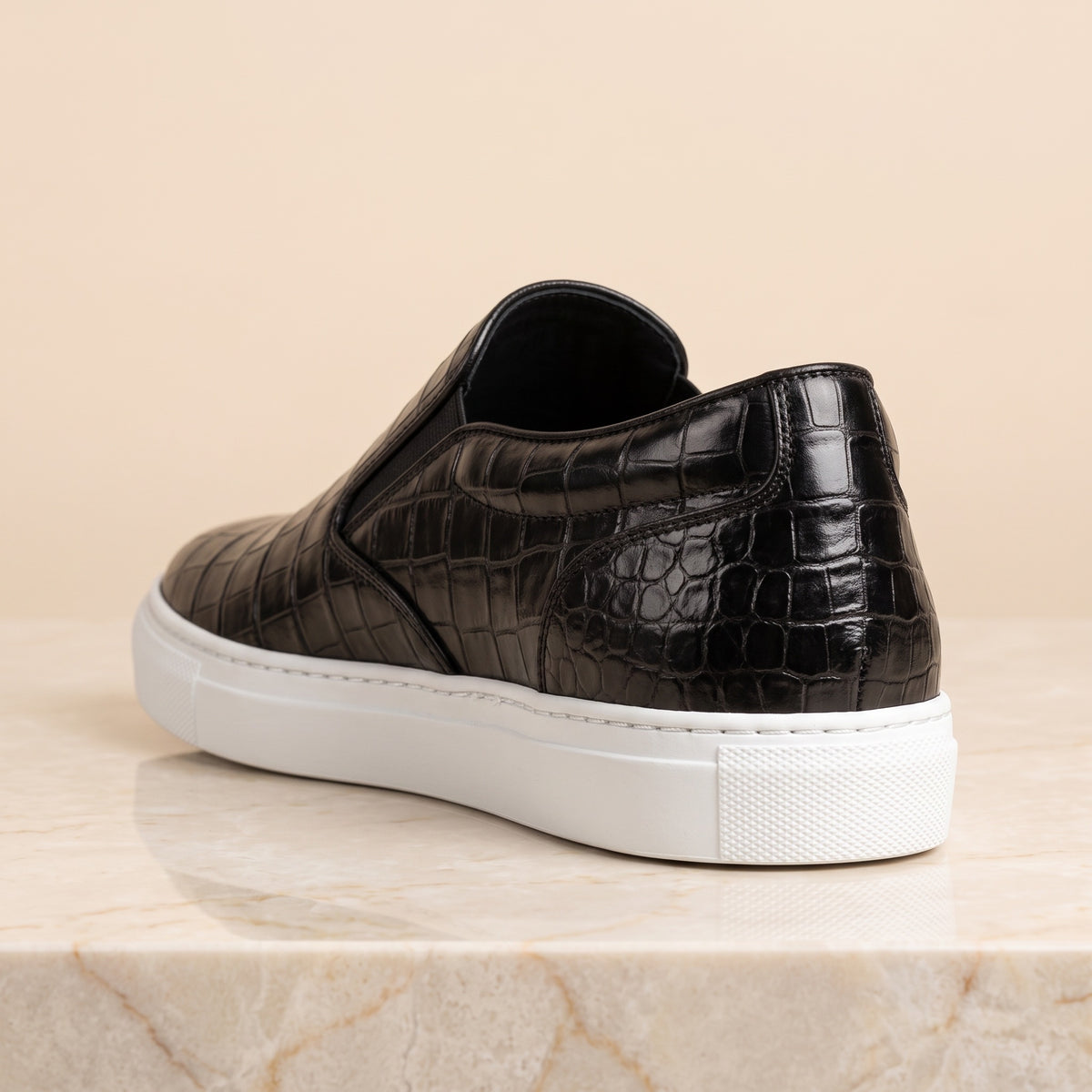 Height Increasing Black Crocodile-Print Leather Flaminia Slip-On Sneaker with White Cup Sole - 3 Inch Hidden Heel – back view