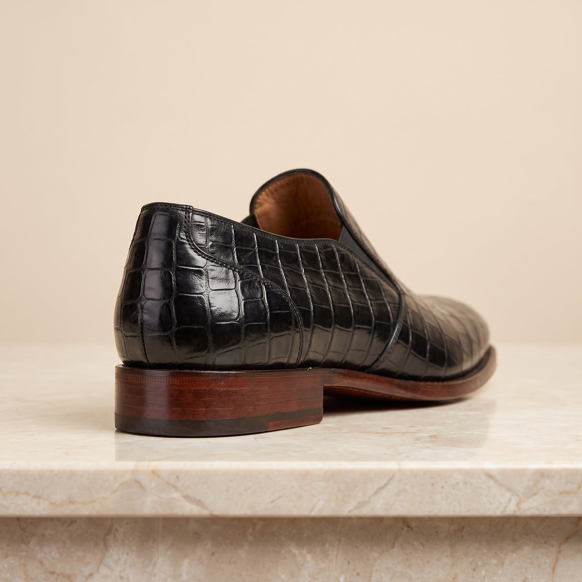 Height Increasing Black Crocodile-Print Leather Cassia Venetian Loafer - 3 Inch Hidden Heel – back view