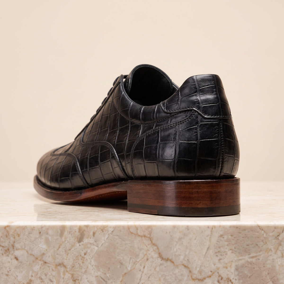 Height Increasing Black Crocodile-Print Leather Dolomiti Lace-Up Oxford - 3 Inch Hidden Heel – back view