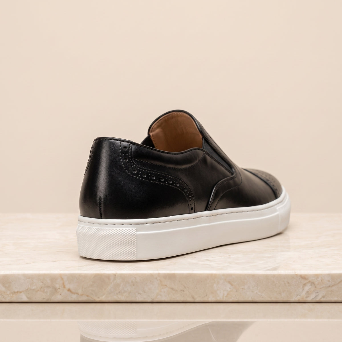 Height Increasing Black Leather Cervino Slip-On Sneaker with White Cup Sole - 3 Inch Hidden Heel – back view