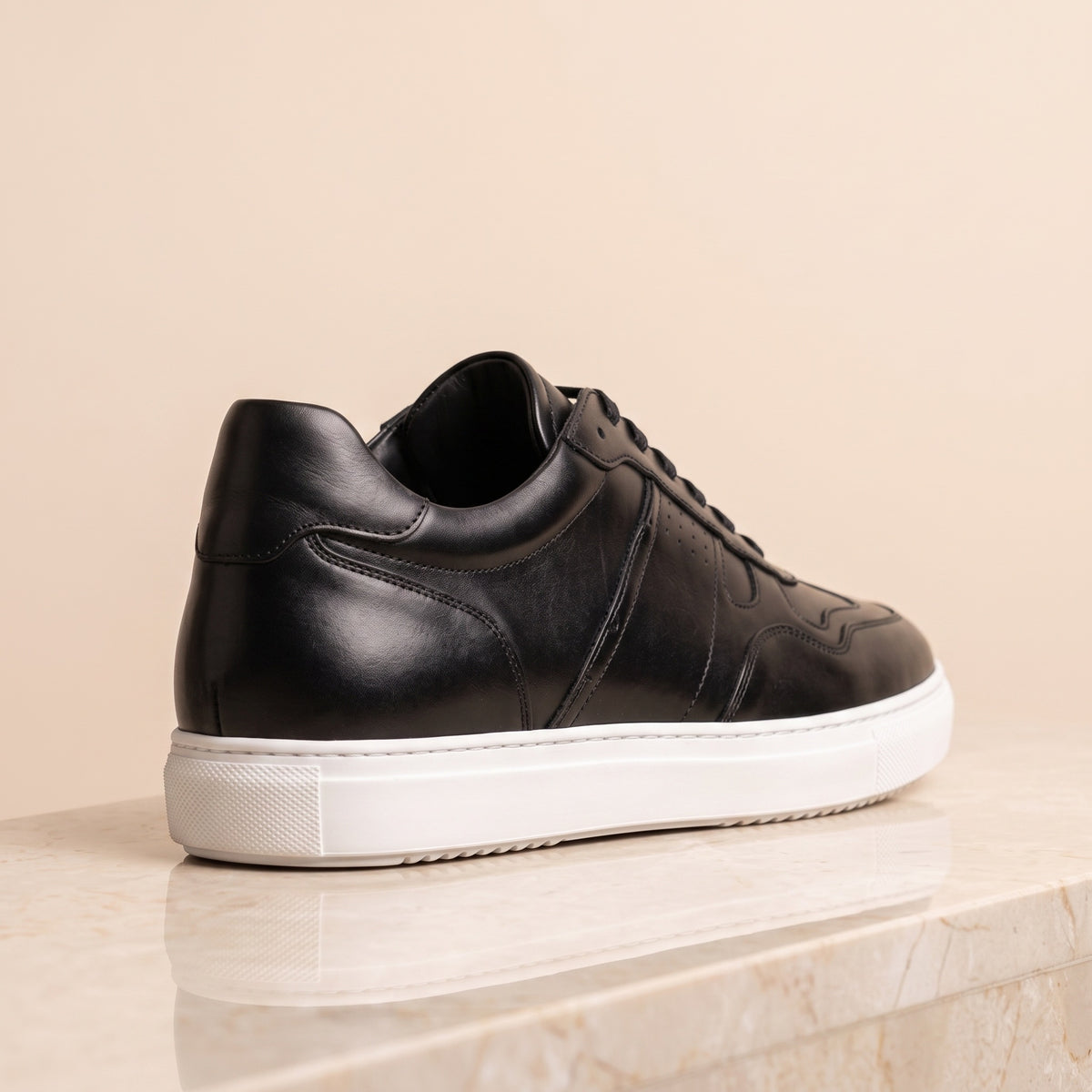 Height Increasing Black Leather Etna Lace-Up Sneaker with White Cup Sole - 3 Inch Hidden Heel – back view