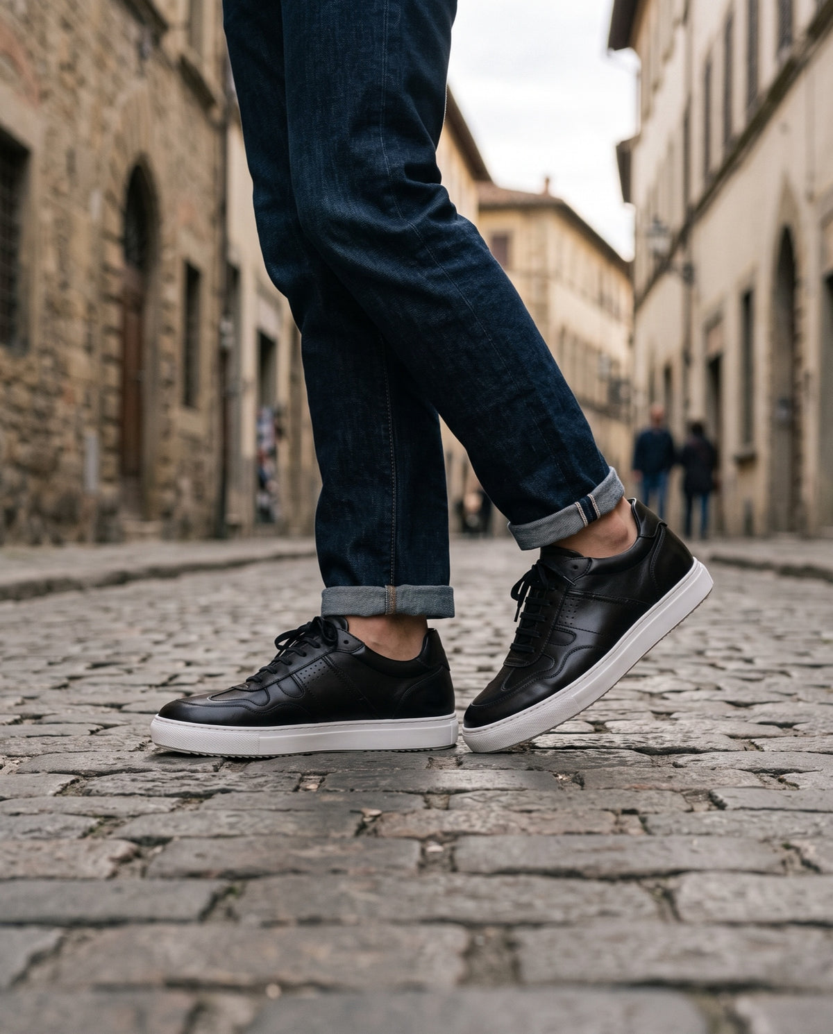 Black Leather Etna Lace-Up Sneaker with White Cup Sole – lifestyle