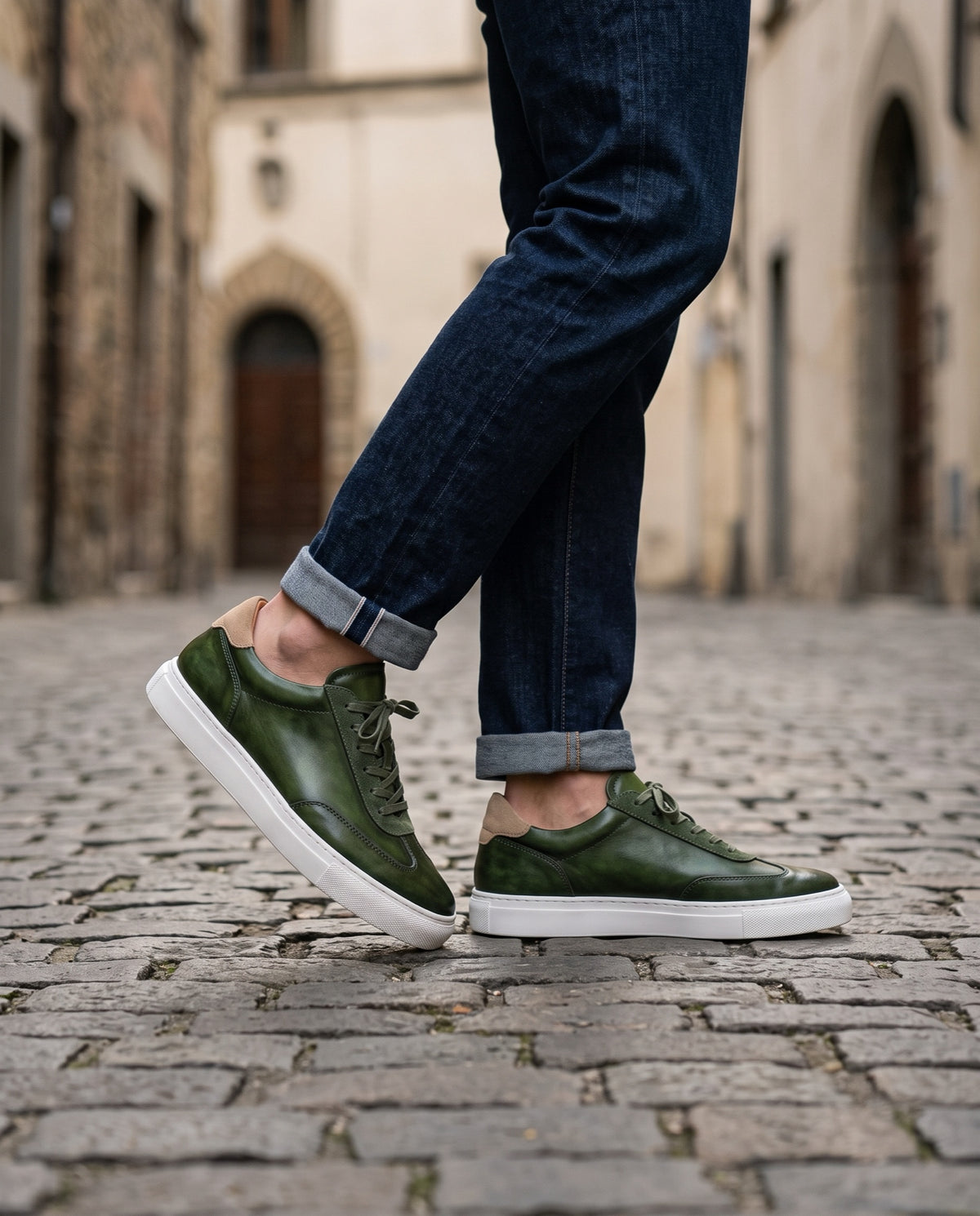 Height Increasing Green Patina Calf Sila Sneaker with White Cup Sole - 3 Inch Hidden Heel – lifestyle