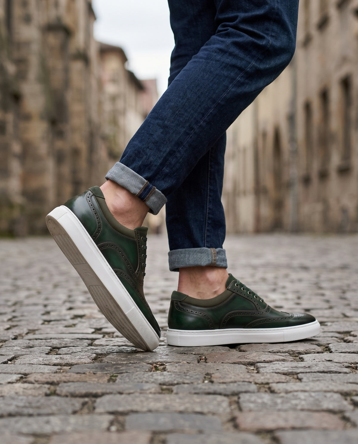 Green Patina Calf Pollino Sneaker with White Cup Sole – lifestyle