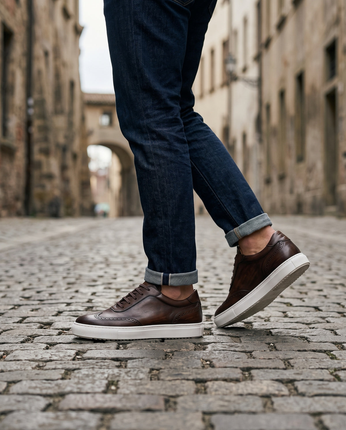 Dark Brown Patina Calf Monferrato Sneaker with White Cup Sole – lifestyle