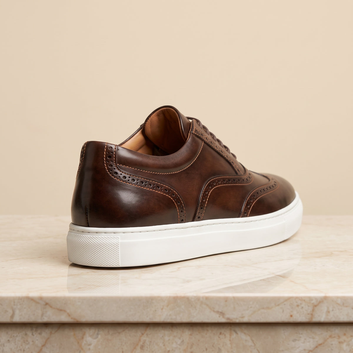 Height Increasing Brown Patina Calf Langhe Sneaker with White Cup Sole - 3 Inch Hidden Heel – back view