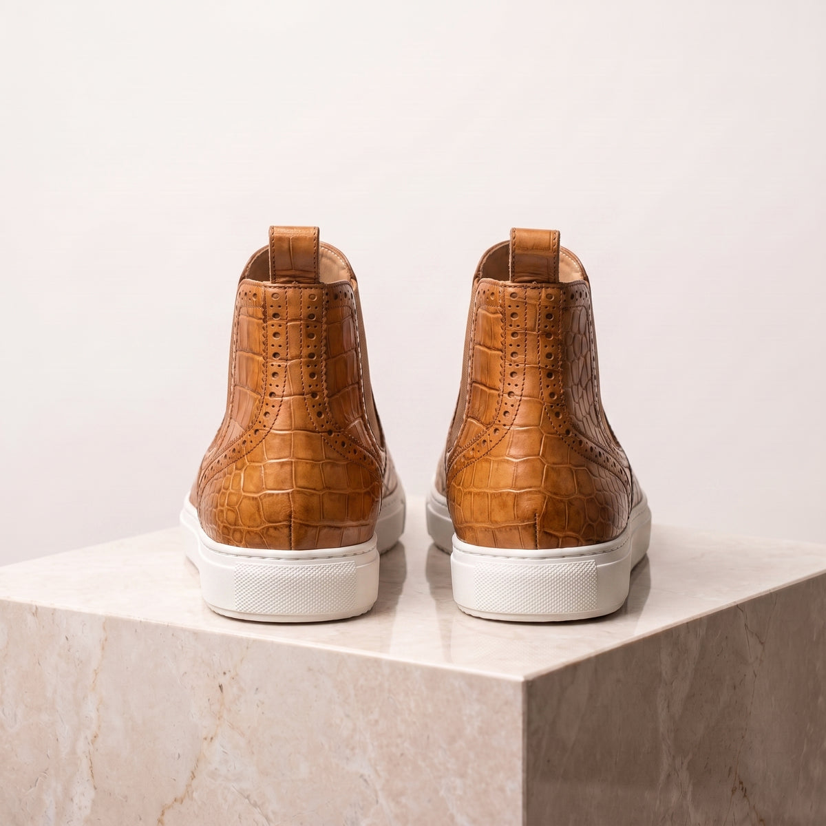 Tan Crocodile-Print Leather Maestrale High-Top Slip-On Sneaker – back view