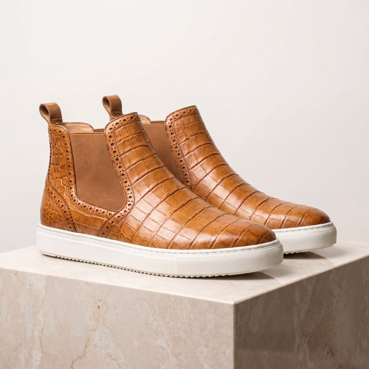 Height Increasing Tan Crocodile-Print Leather Maestrale High-Top Slip-On Sneaker - 3 Inch Hidden Heel