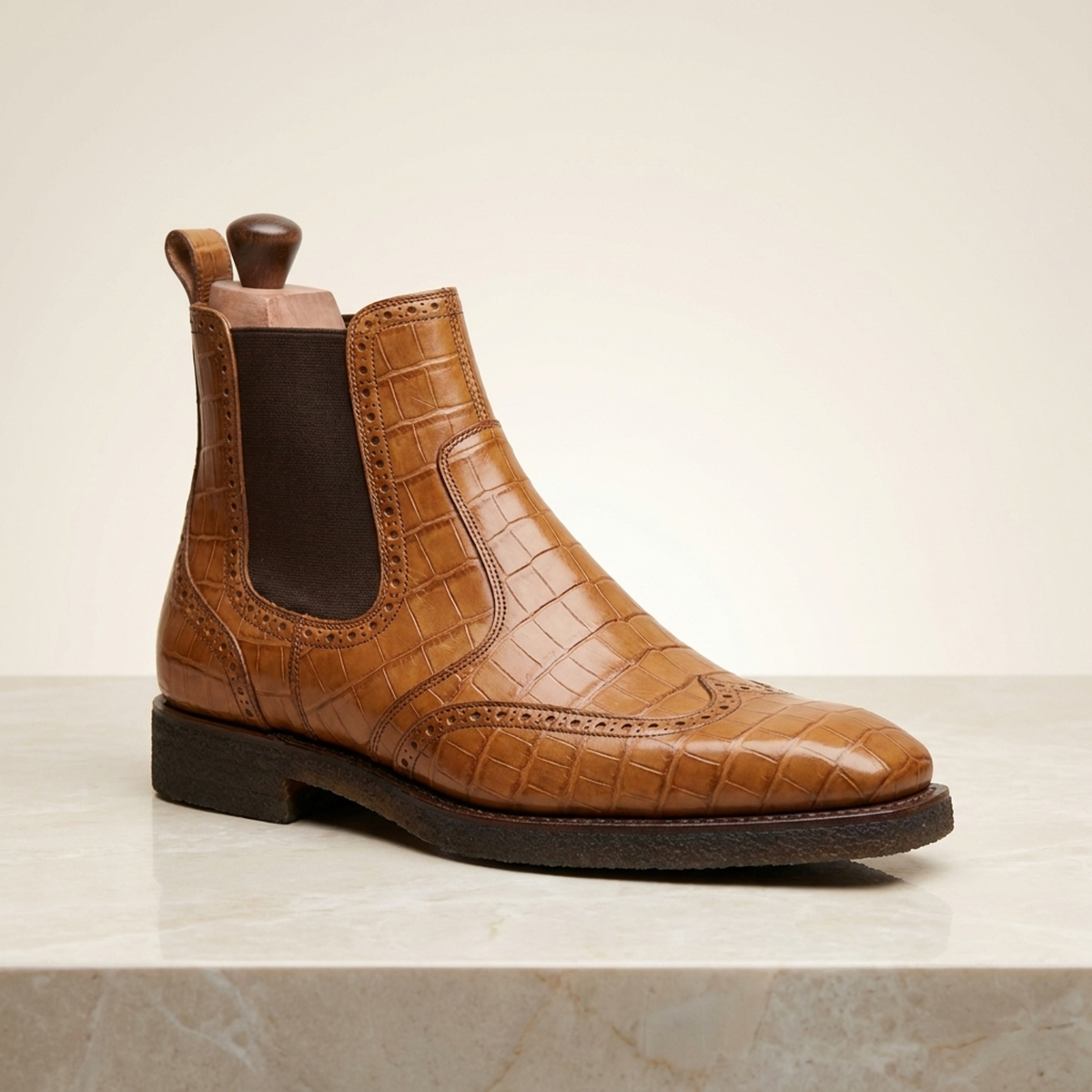 Height Increasing Tan Crocodile-Print Leather Tramontana Chelsea Boot with Natural Leather Sole - 3 Inch Hidden Heel