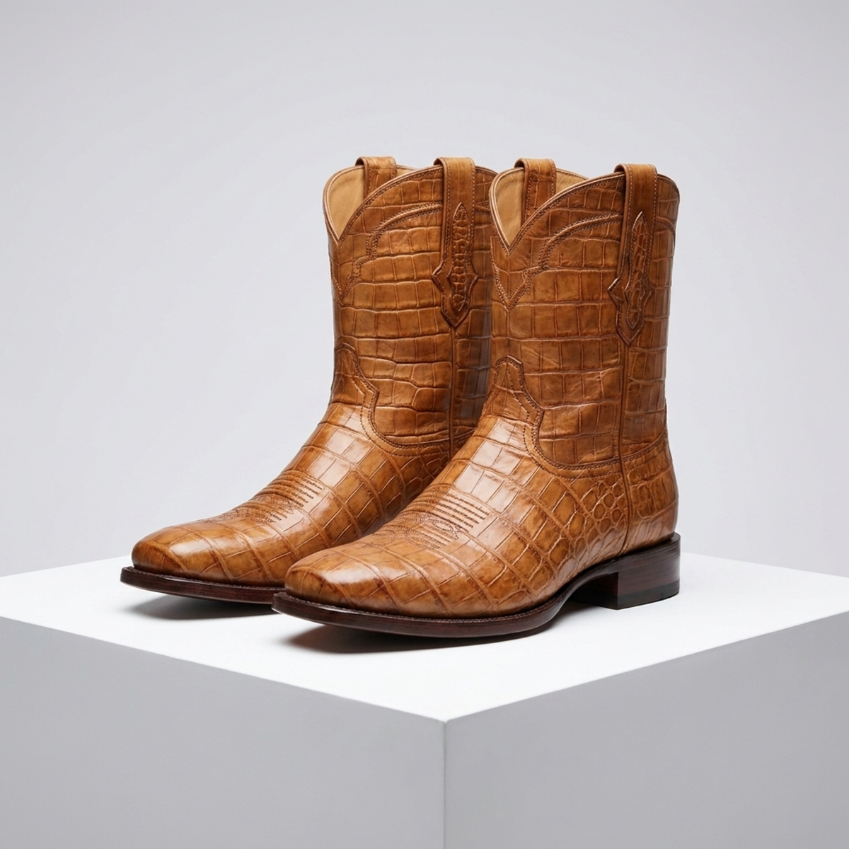Tan Crocodile-Print Leather Burrasca Cowboy Boot with Natural Leather Sole