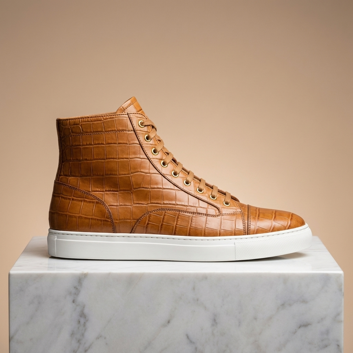 Tan Crocodile-Print Leather Maestrale High-Top Lace-Up Sneaker
