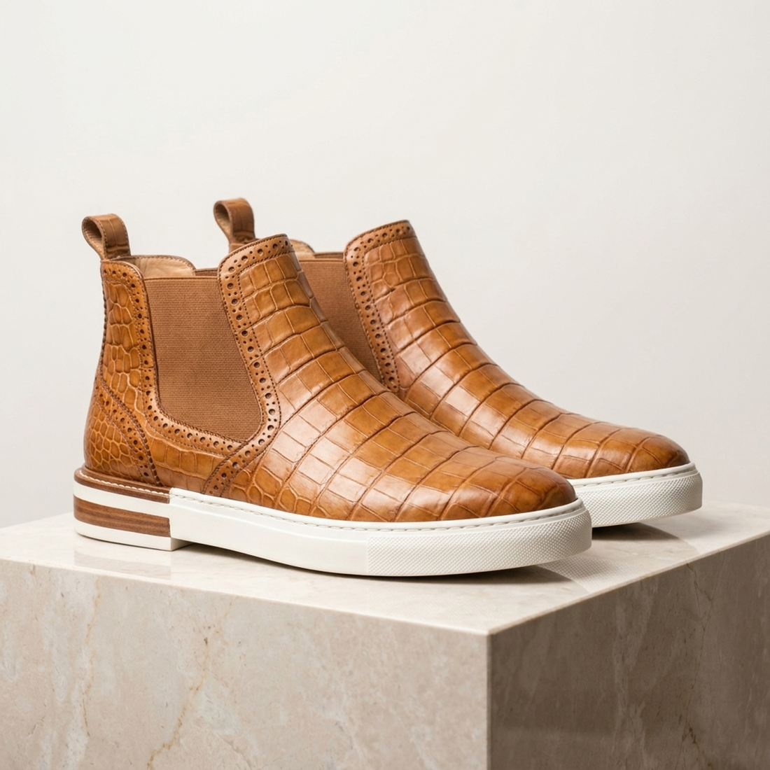 Tan Crocodile-Print Leather Maestrale High-Top Slip-On Sneaker