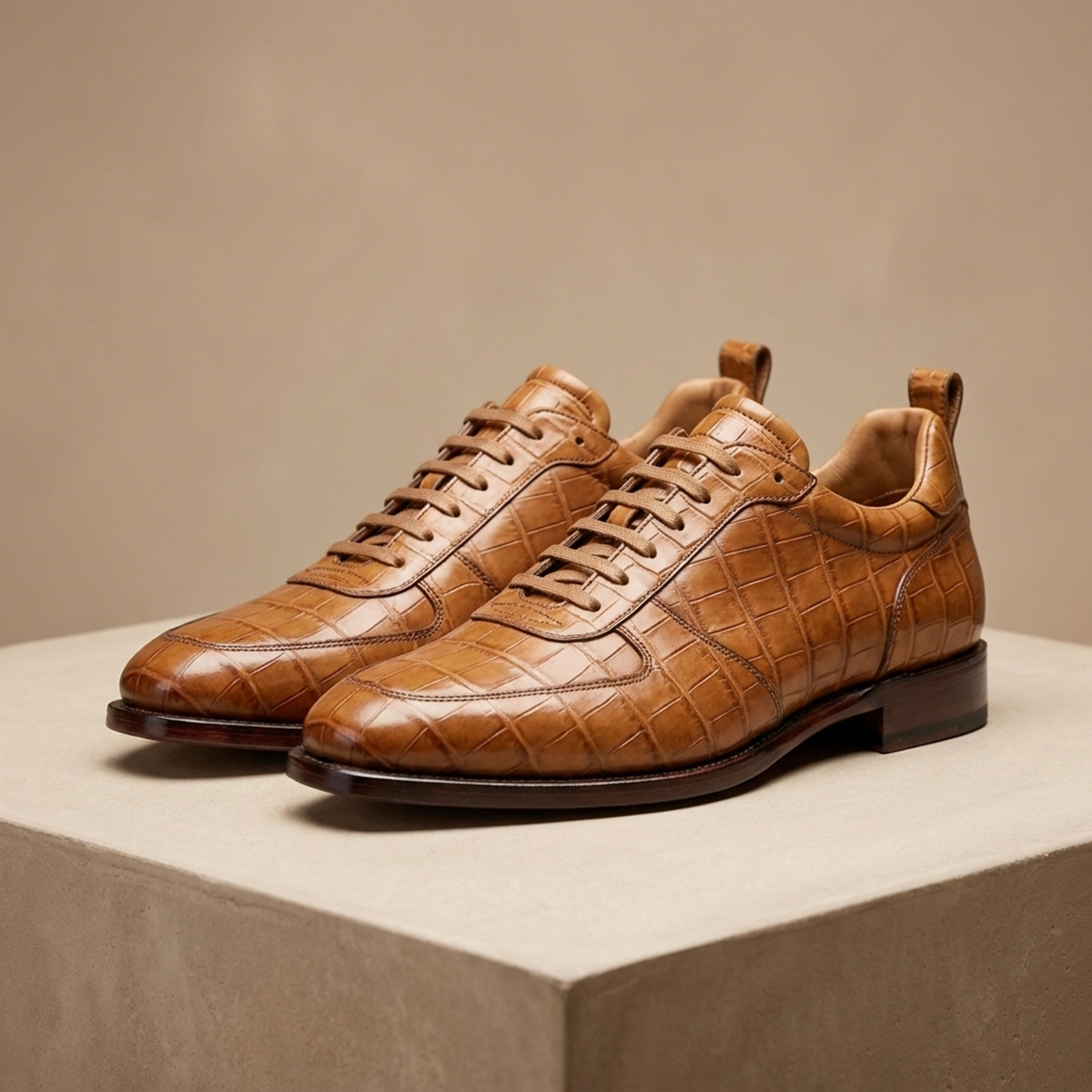 Tan Crocodile-Print Leather Cervo Lace-Up Derby