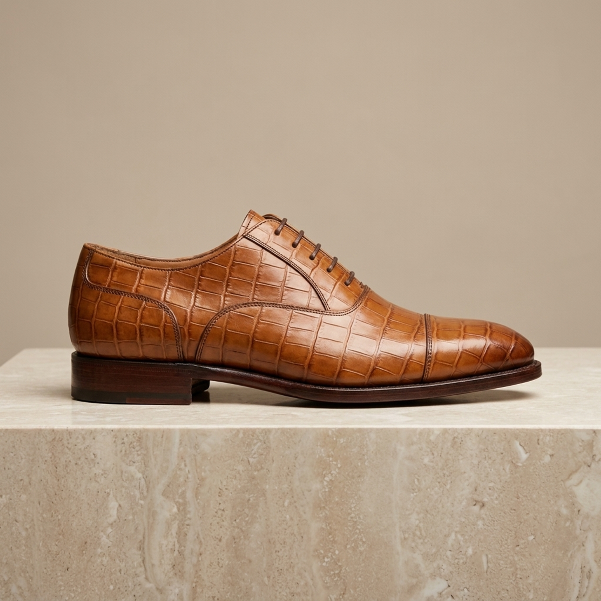 Tan Crocodile-Print Leather Alassio Cap-Toe Oxford