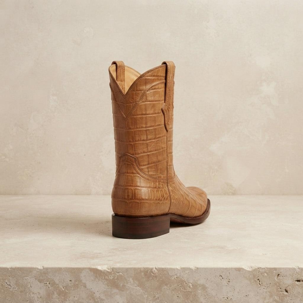 Height Increasing Tan Crocodile-Print Leather Burrasca Cowboy Boot with Natural Leather Sole - 3 Inch Hidden Heel – heel view