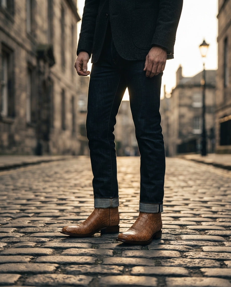 Height Increasing Tan Crocodile-Print Leather Burrasca Cowboy Boot with Natural Leather Sole - 3 Inch Hidden Heel – lifestyle