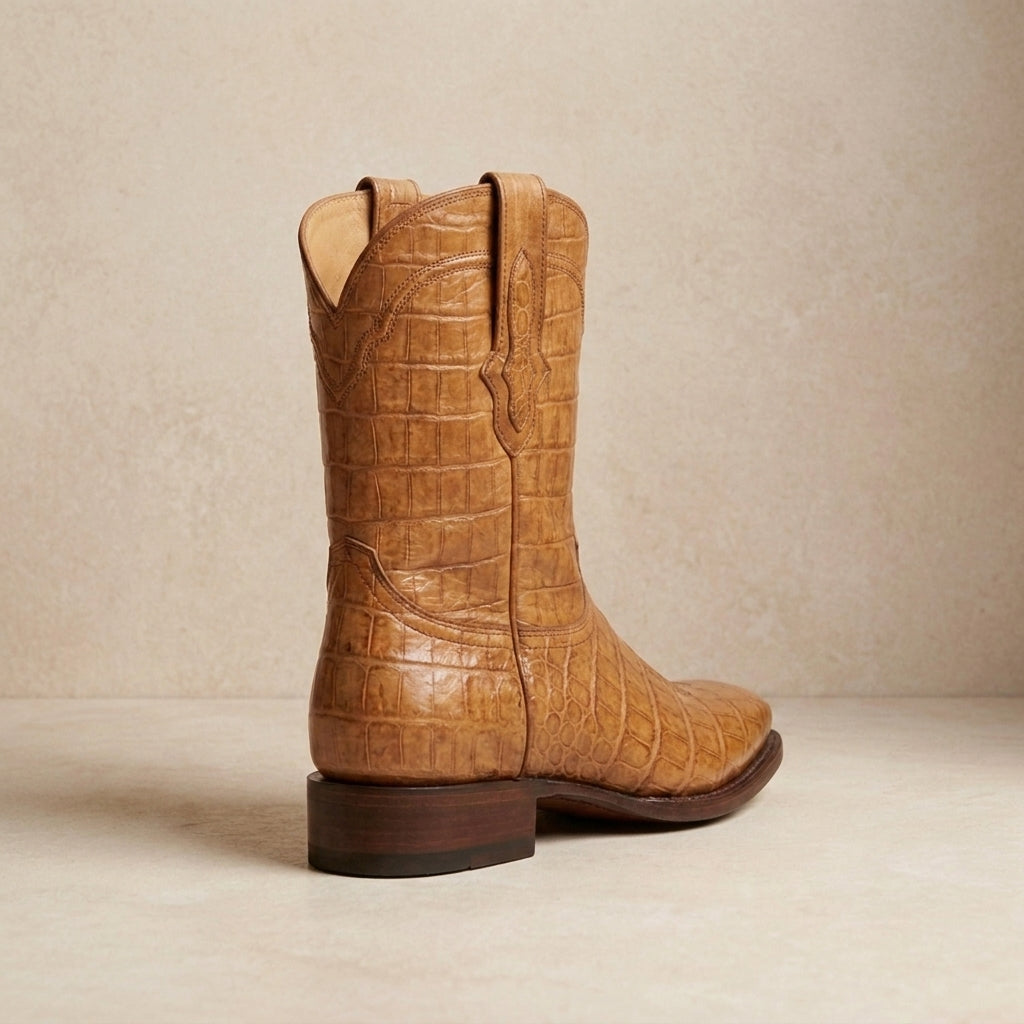 Tan Crocodile-Print Leather Burrasca Cowboy Boot with Natural Leather Sole – heel view