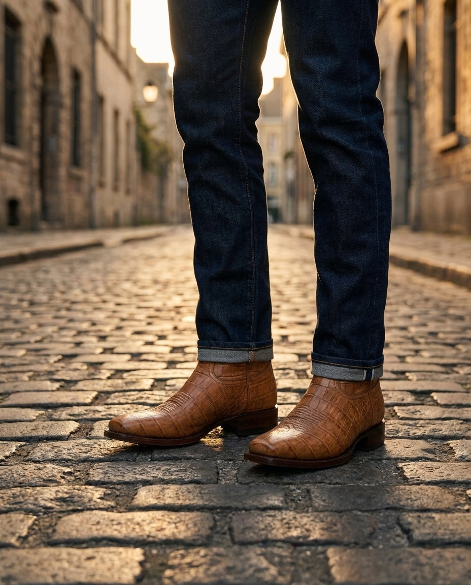 Tan Crocodile-Print Leather Burrasca Cowboy Boot with Natural Leather Sole – lifestyle