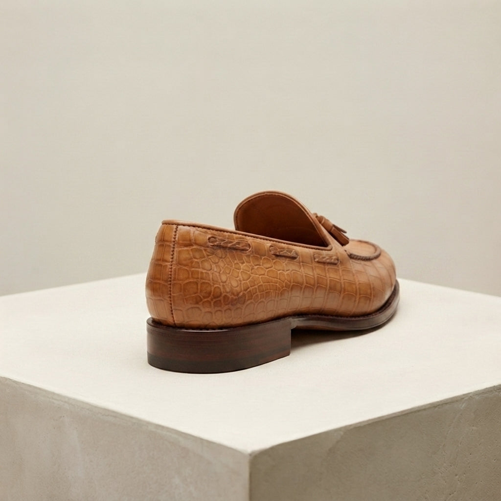 Height Increasing Tan Crocodile-Print Leather Favonio Tassel Loafer with Natural Leather Sole - 3 Inch Hidden Heel – heel view