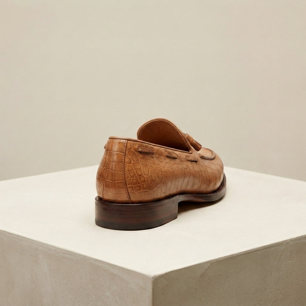 Tan Crocodile-Print Leather Favonio Tassel Loafer with Natural Leather Sole – heel view