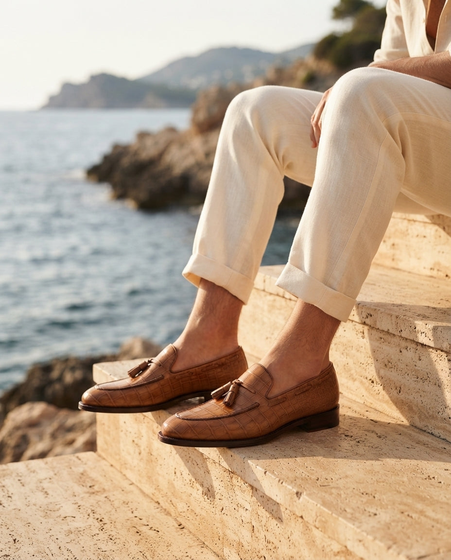 Tan Crocodile-Print Leather Favonio Tassel Loafer with Natural Leather Sole – lifestyle