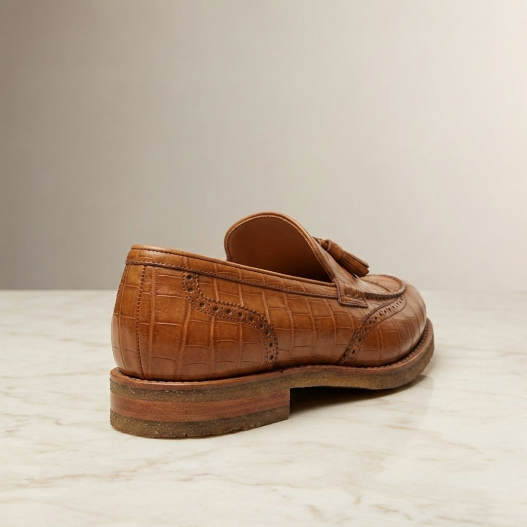 Height Increasing Tan Crocodile-Print Leather Favonio Tassel Loafer with Natural Leather Sole - 3 Inch Hidden Heel – heel view