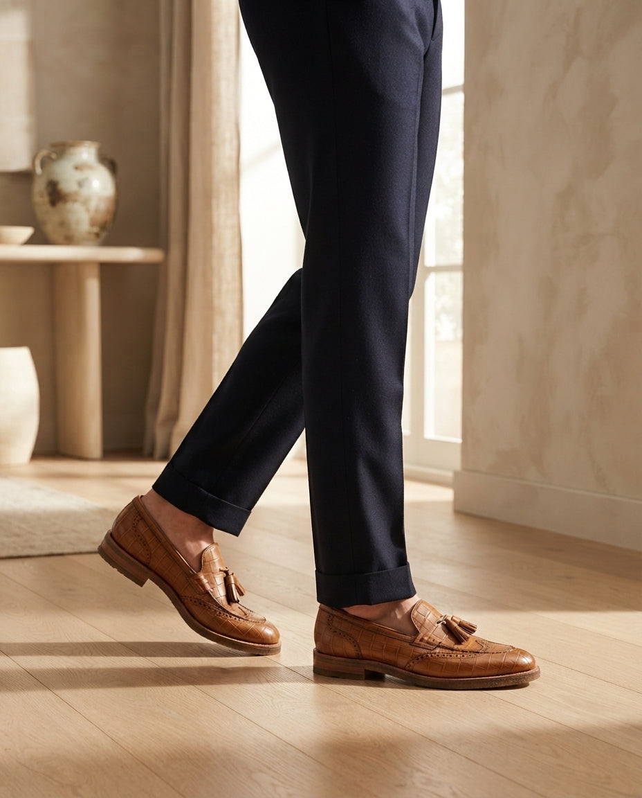 Height Increasing Tan Crocodile-Print Leather Favonio Tassel Loafer with Natural Leather Sole - 3 Inch Hidden Heel – lifestyle
