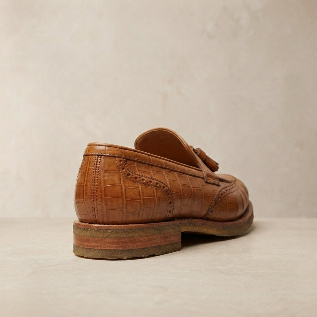 Tan Crocodile-Print Leather Favonio Tassel Loafer with Natural Leather Sole – heel view