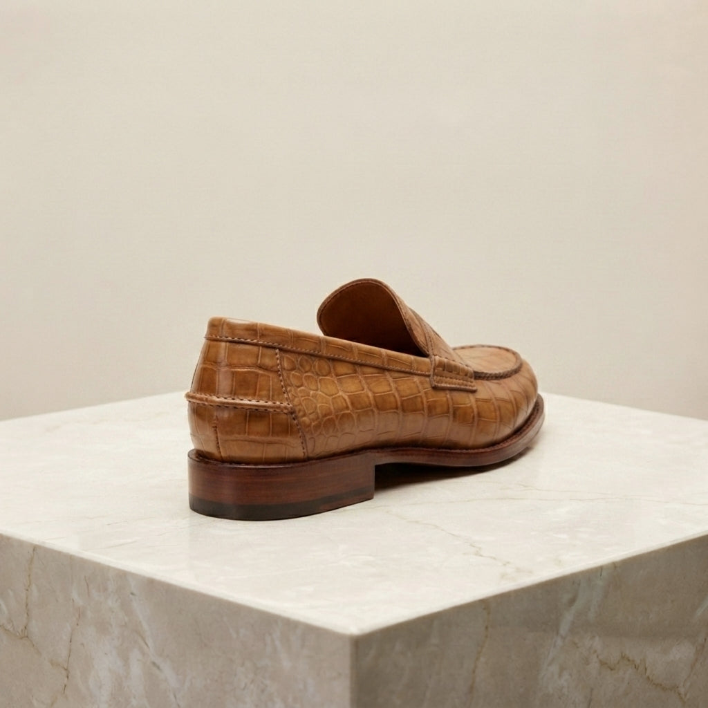 Height Increasing Tan Crocodile-Print Leather Garbin Penny Loafer with Natural Leather Sole - 3 Inch Hidden Heel – heel view