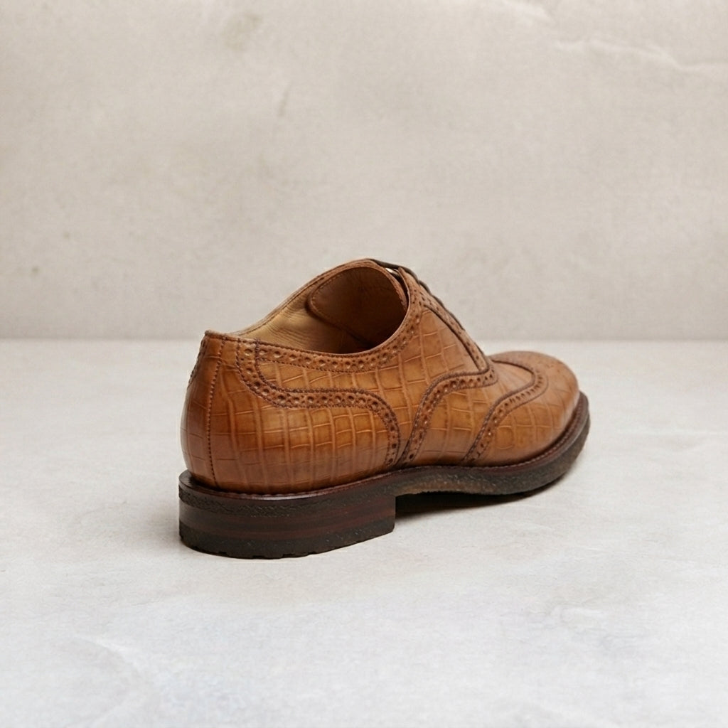Height Increasing Tan Crocodile-Print Leather Libeccio Oxford with Natural Leather Sole - 3 Inch Hidden Heel – heel view