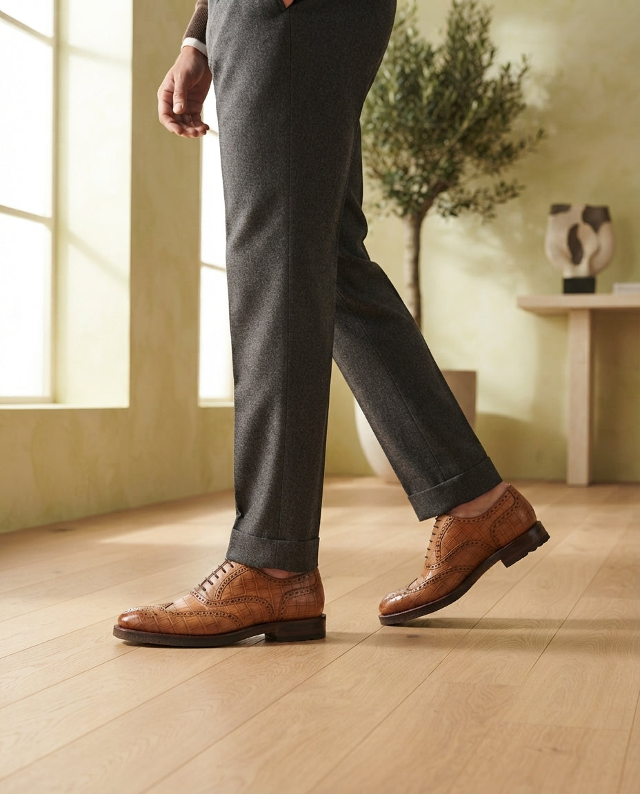 Height Increasing Tan Crocodile-Print Leather Libeccio Oxford with Natural Leather Sole - 3 Inch Hidden Heel – lifestyle