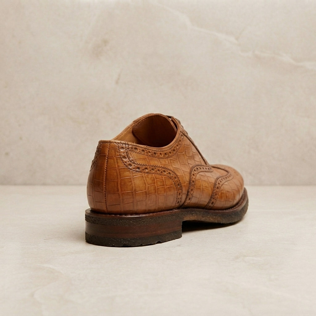Tan Crocodile-Print Leather Libeccio Oxford with Natural Leather Sole – heel view