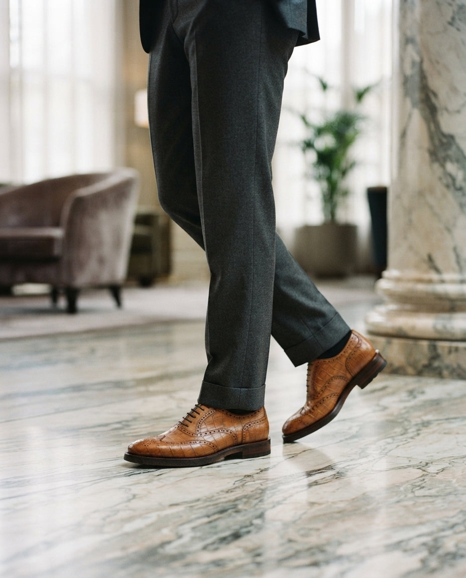 Tan Crocodile-Print Leather Libeccio Oxford with Natural Leather Sole – lifestyle