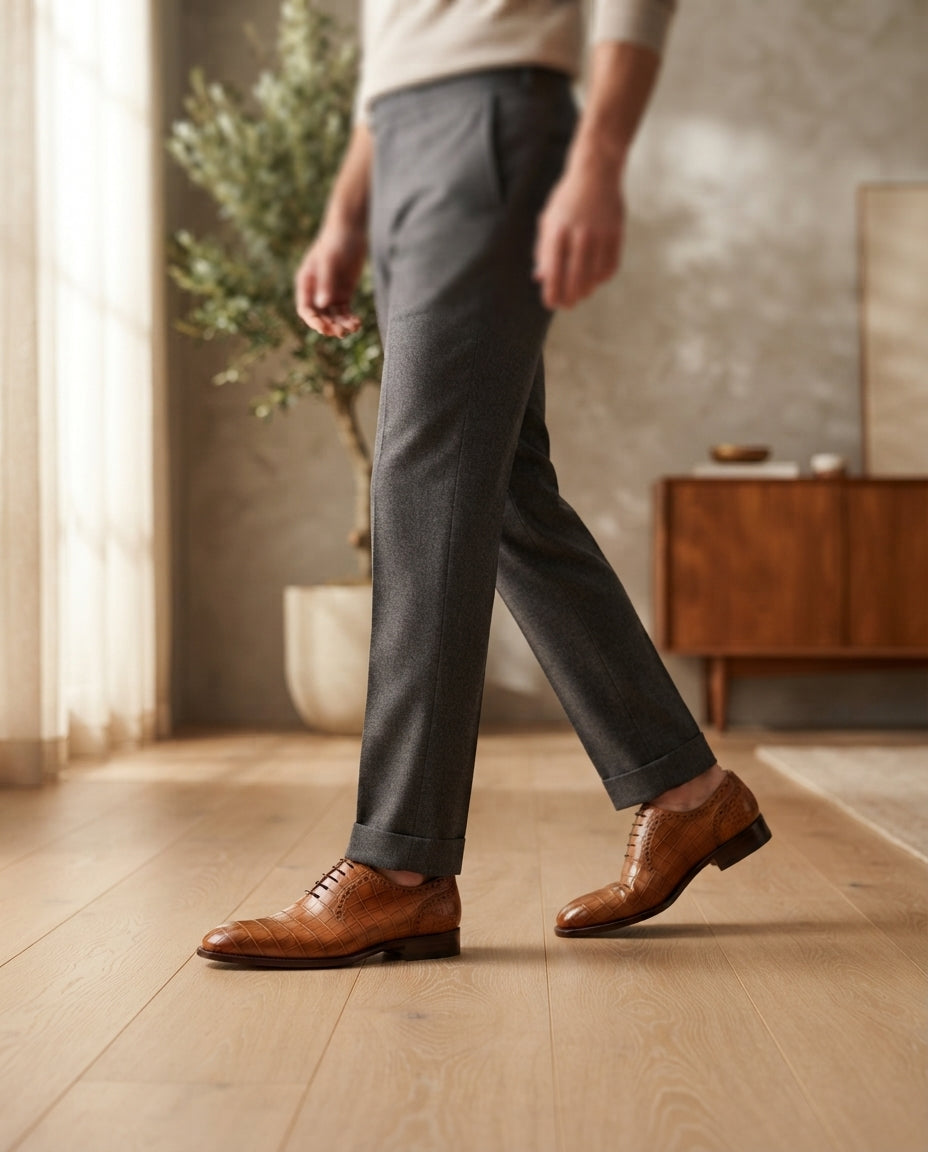 Height Increasing Tan Crocodile-Print Leather Libeccio Whole Cut Oxford with Natural Leather Sole - 3 Inch Hidden Heel – lifestyle