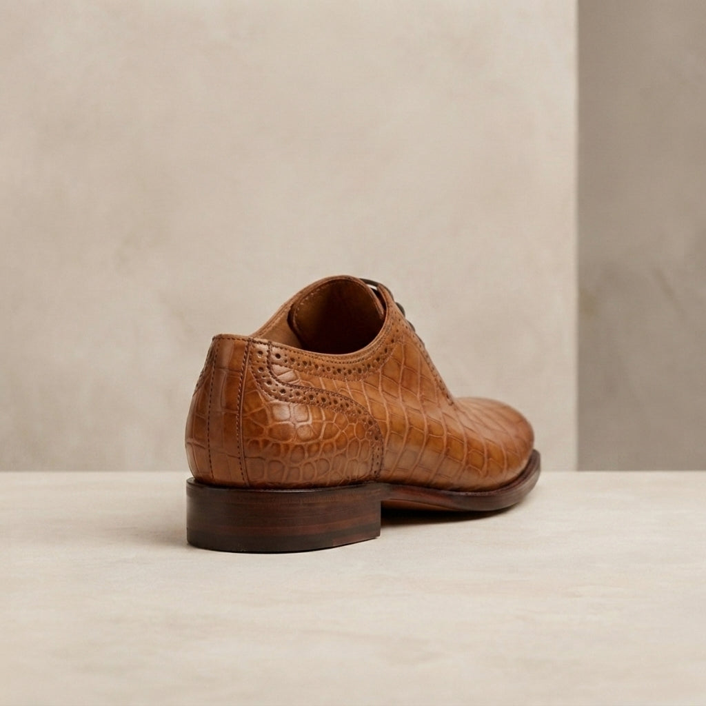Tan Crocodile-Print Leather Libeccio Whole Cut Oxford with Natural Leather Sole – heel view