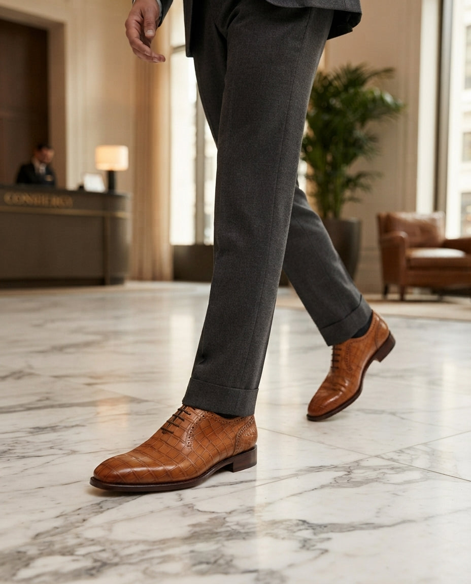 Tan Crocodile-Print Leather Libeccio Whole Cut Oxford with Natural Leather Sole – lifestyle