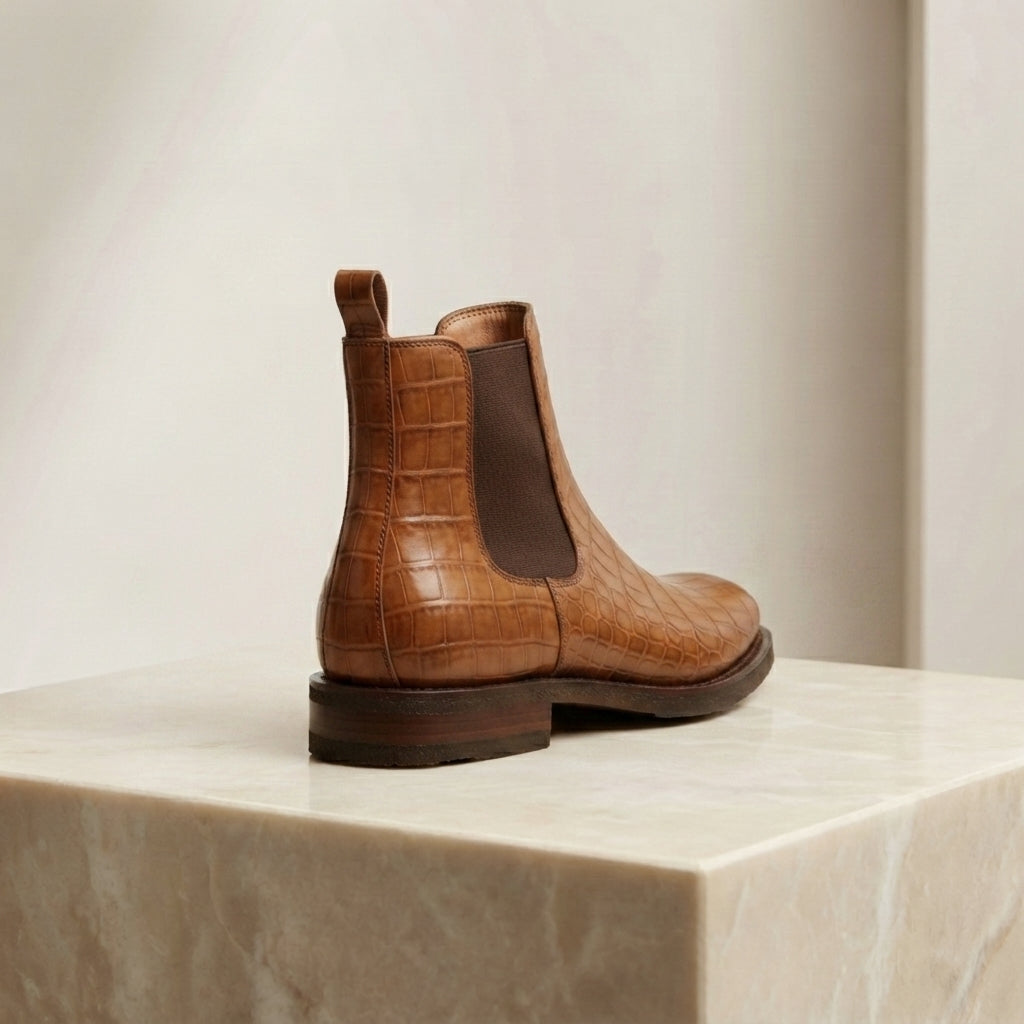 Height Increasing Tan Crocodile-Print Leather Libeccio Chelsea Boot with Natural Leather Sole - 3 Inch Hidden Heel – heel view